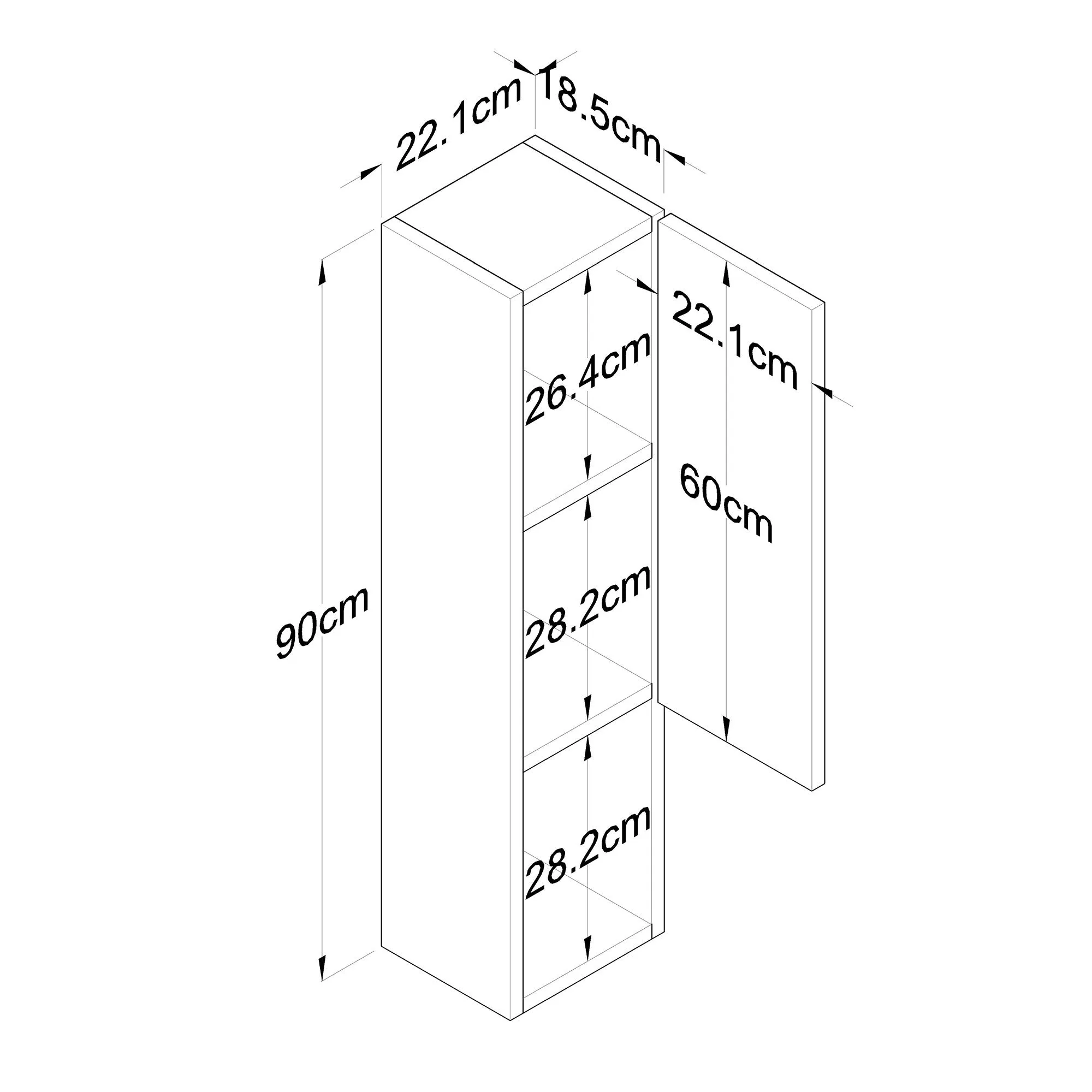 Armadietto da muro in legno moderno con anta e 3 ripiani pensile cm 22x18x90h