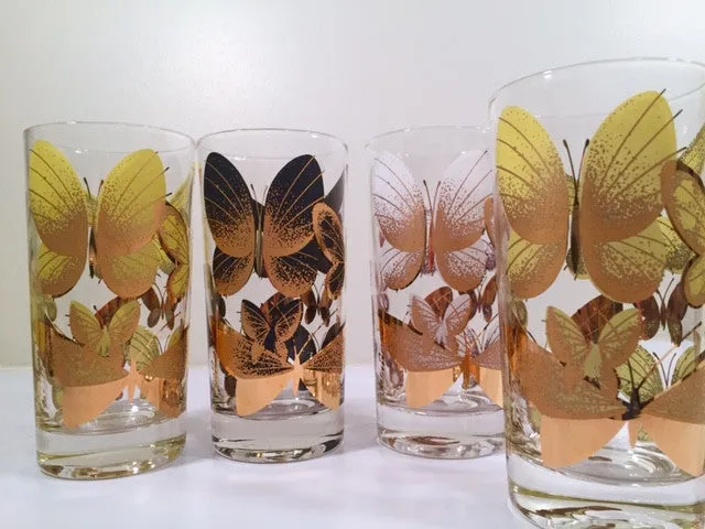 Fred Press Signed Mid-Century Butterfly Glasses (Set of 4)